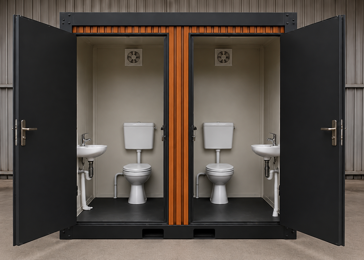 Kontener sanitarny WC+WC czarny z lamelami drewnopodobnymi - widok wnętrza