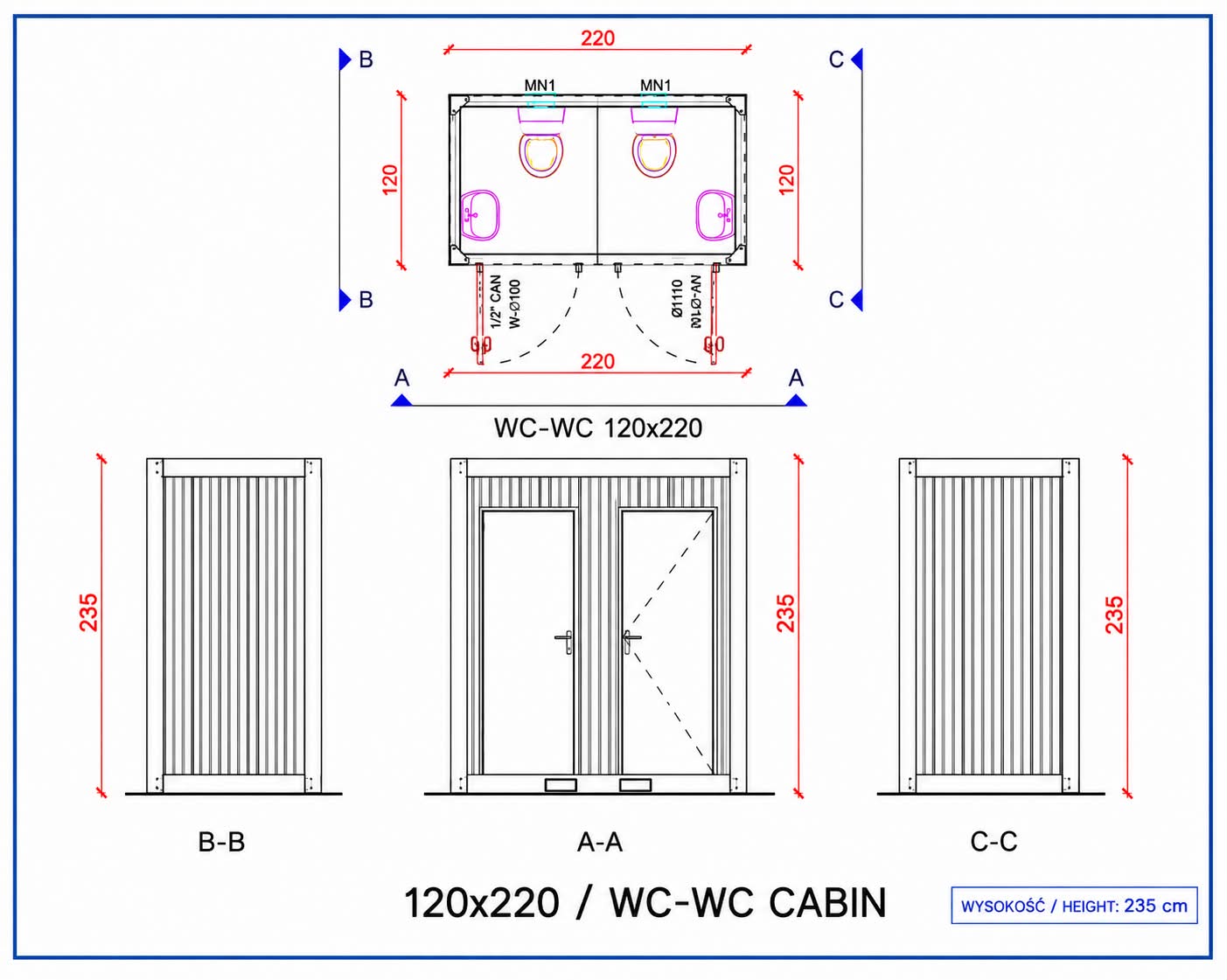 Kontener sanitarny WC+WC - KONTENER TOALETOWY 2-STANOWISKOWY GOTOWY DO PODŁĄCZENIA - Antracyt