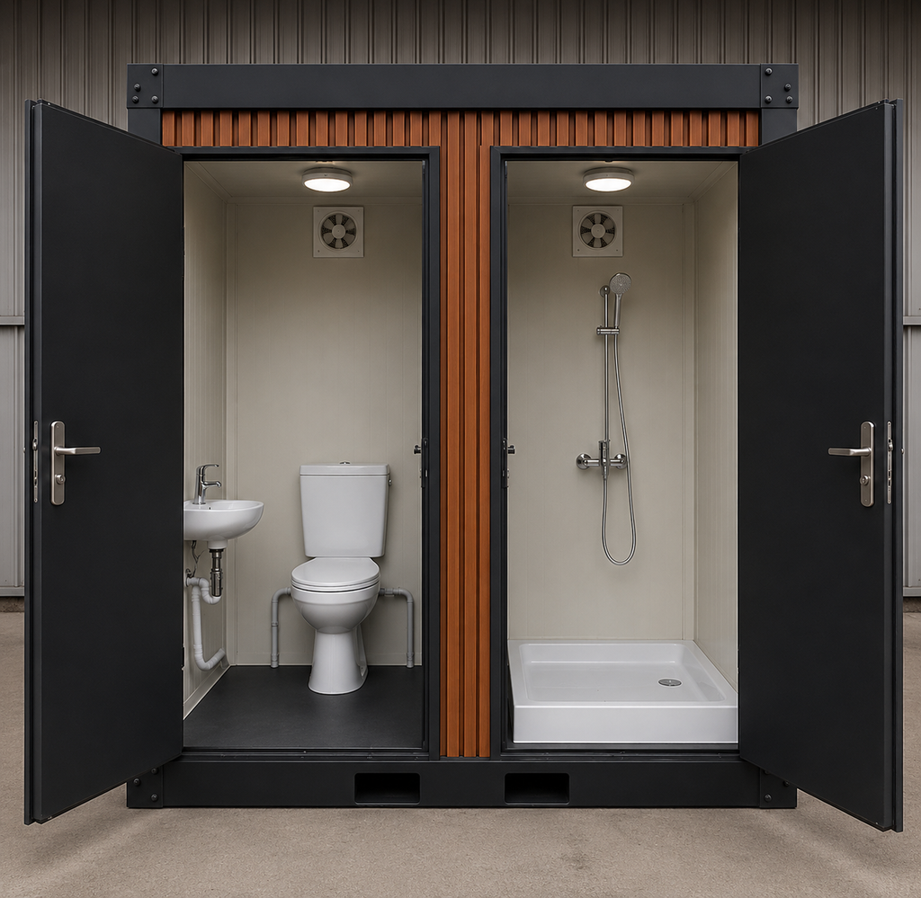 Kontener sanitarny WC+Prysznic - KONTENER TOALETOWY Z KABINĄ PRYSZNICOWĄ Z LAMELAMI GOTOWY DO PODŁĄCZENIA