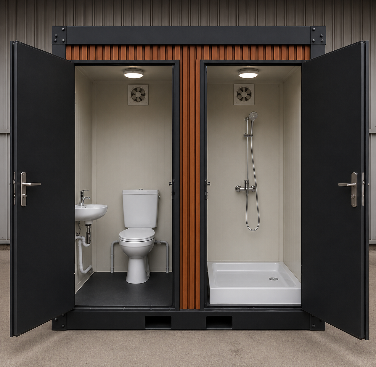 Kontener sanitarny WC+Prysznic - KONTENER TOALETOWY Z KABINĄ PRYSZNICOWĄ Z LAMELAMI GOTOWY DO PODŁĄCZENIA