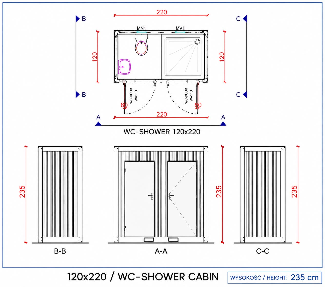 Kontener sanitarny WC+Prysznic - KONTENER TOALETOWY Z KABINĄ PRYSZNICOWĄ GOTOWY DO PODŁĄCZENIA - RAL 9002
