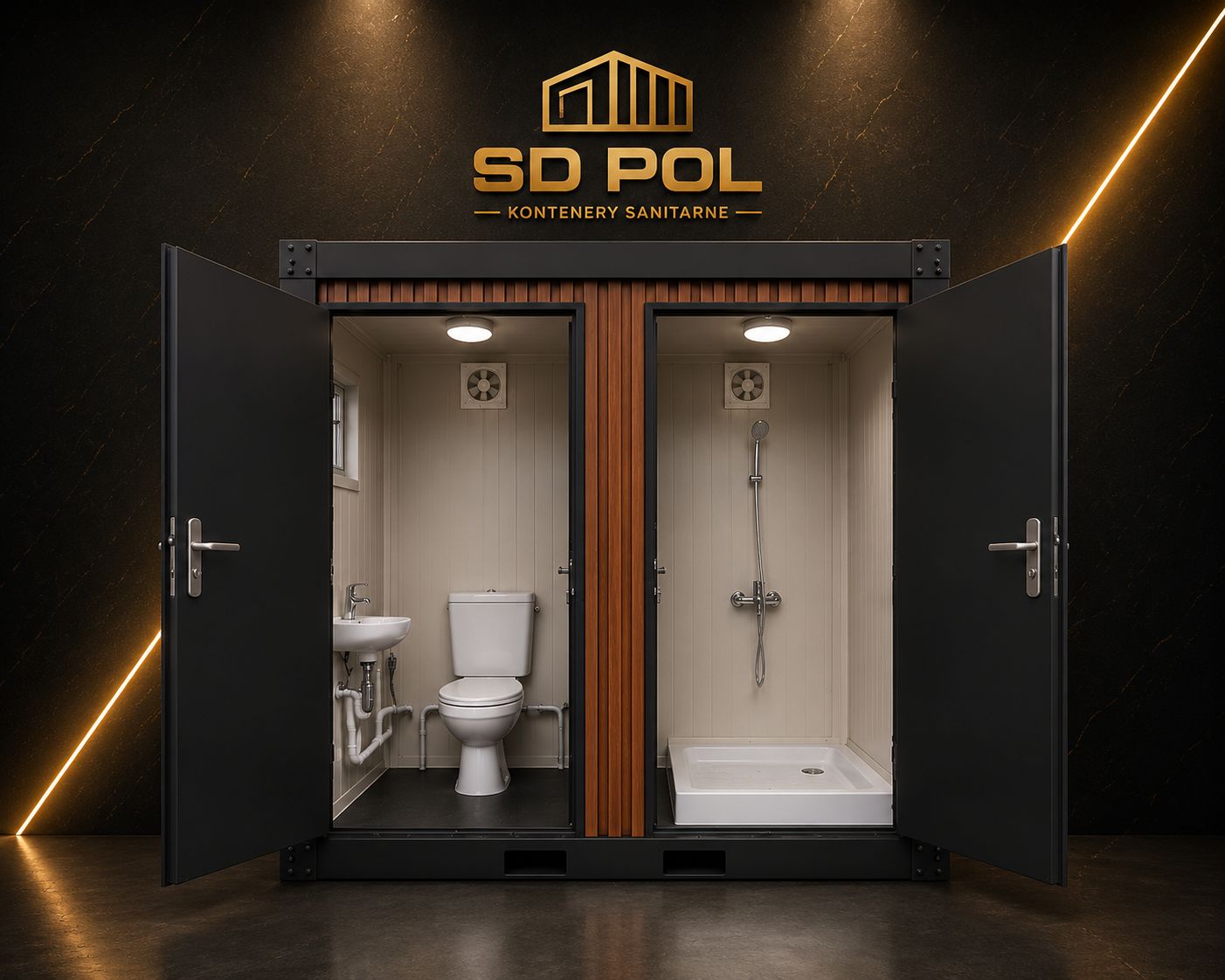 Kontener sanitarny WC+Prysznic czarny z lamelami - front | SD Pol