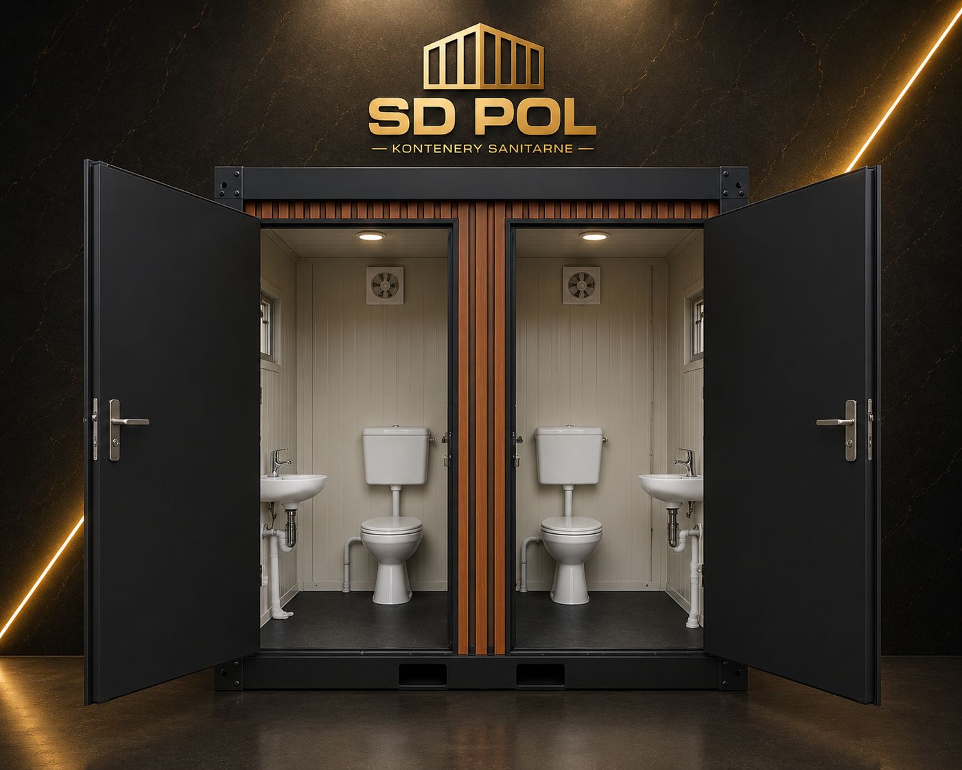 Kontener sanitarny WC+WC czarny z lamelami drewnopodobnymi - front | SD Pol